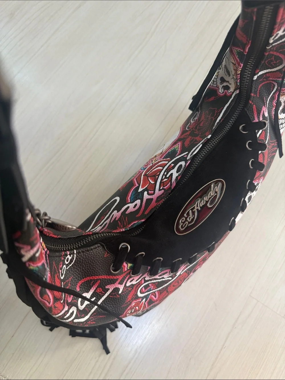 NWT Ed Hardy Skull & Rose Fringe Hobo